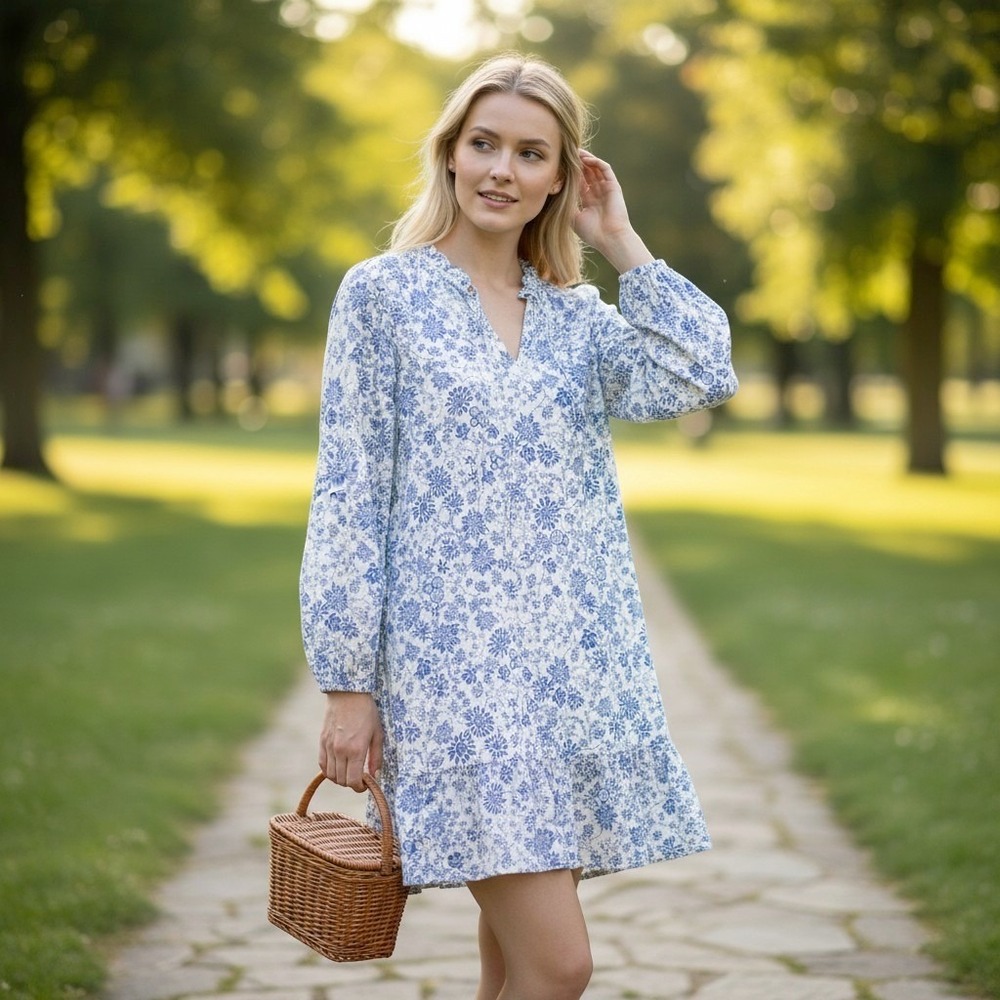 LOFT Blue White Floral Cotton Tiered Ruffle Mini Swing Dress XS Long Sleeve